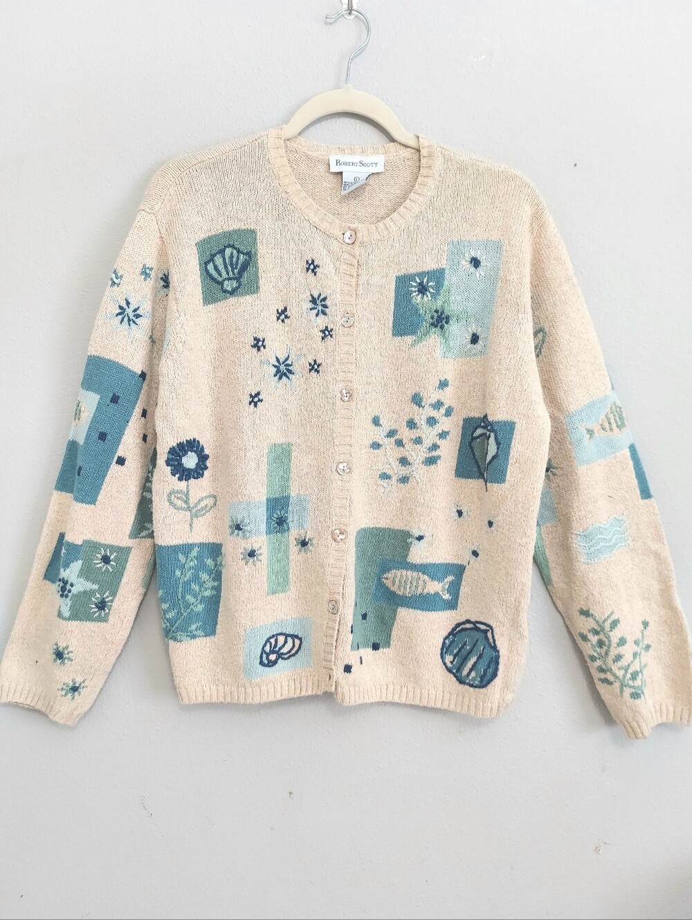 Granny Cardigan Linen Cotton Ocean Theme Patchwork Crochet L Coastal Grandma